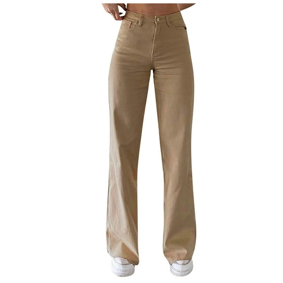 Baberdicy Womens Jeans Womens Casual Wide Leg Loose High Waist Solid Color Pants Button Jeans Jeans for Women Trendy Stretch Beige