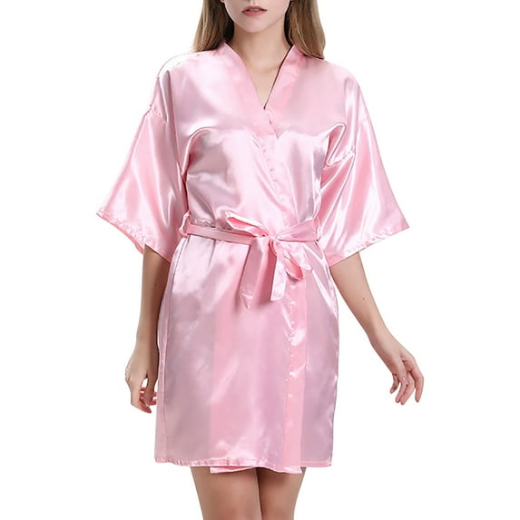 Baberdicy Womens Robe Nightgown Solid Bandage Cardigan Bathrobe Color Nightgown Nightgown Satin Home Women's, Women's Sleepwear Ladies Bathrobe( Pink L )