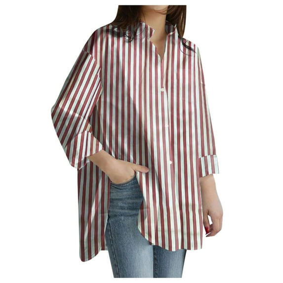 Baberdicy Womens Shirts Top Women's Long Casual Sleeve Striped Printed Slit Shirt Button Women Shirts Blouses for Women Red