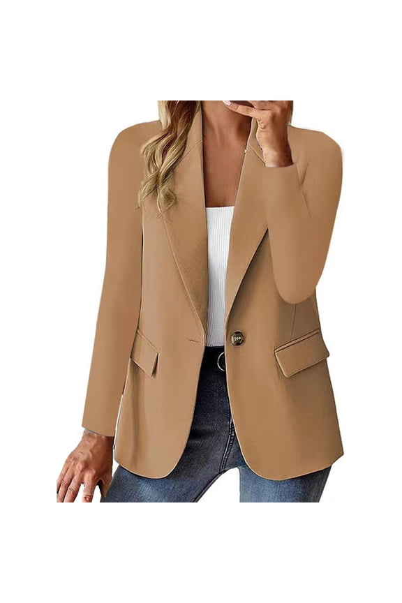 Blazer Jackets for Women, Women's Autumn and Winter Long Sleeved Button Solid Color Cardigan Small Suit Jacket Womens Blazer Khaki