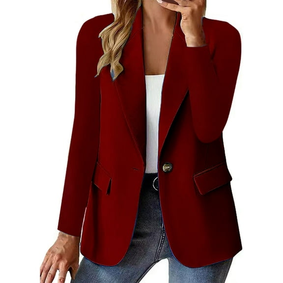 Baberdicy Blazer Jackets for Women, Women's Autumn and Winter Long Sleeved Button Solid Color Cardigan Small Suit Jacket Womens Blazer Wine