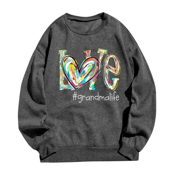 Baberdicy Womens Tops Love Grandma Life Women's Letter Print Crew Neck Long Sleeve Sweatshirt Plus Size Tops for Women Dark Gray
