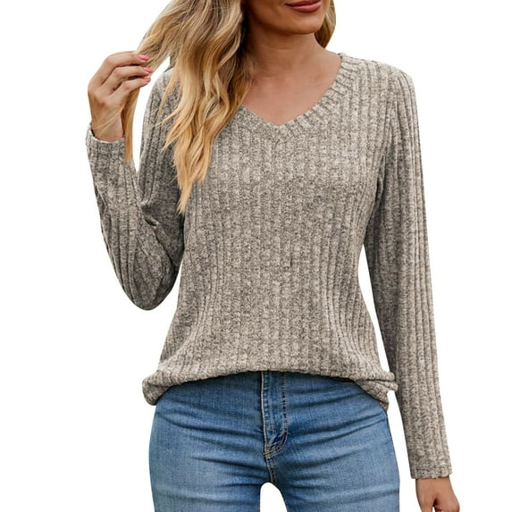 Baberdicy Womens Tops Women's Long Sleeve T Shirt Fashion V Neck Tops Solid Color Casual Blouses Plus Size Tops for Women Khaki