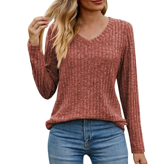 Baberdicy Womens Tops Women's Long Sleeve T Shirt Fashion V Neck Tops Solid Color Casual Blouses Plus Size Tops for Women Red