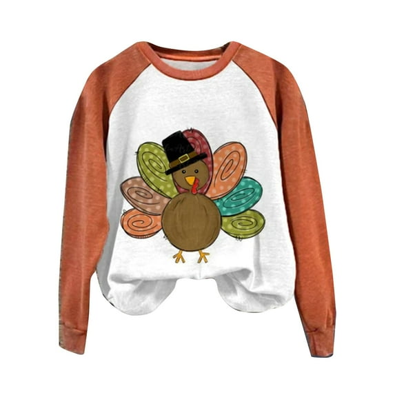Baberdicy Womens Tops Women's Thanksgiving Cute Turkey Print Casual Sweatshirt Plus Size Tops for Women Orange