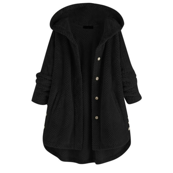 Baberdicy Womens Winter Coats Pocket Coat Irregular Long Hooded Button Fleece Sleeve Plus Size Women Women's Coat Womens Winter Coats Women Black Xl