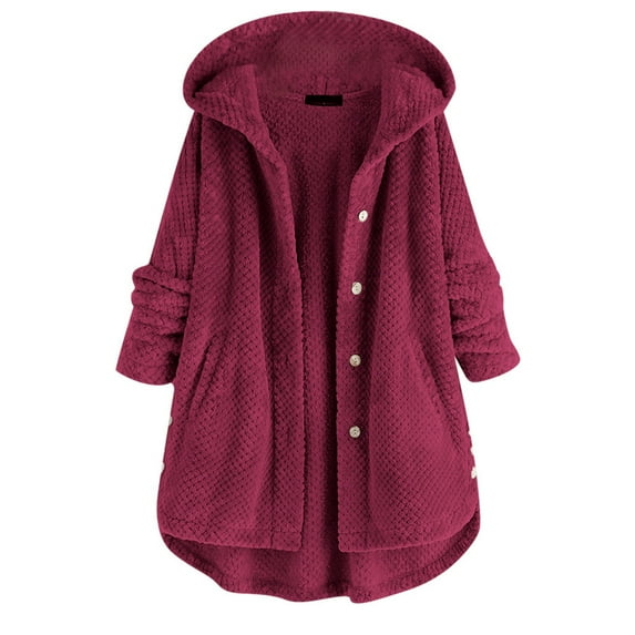 Baberdicy Womens Winter Coats Pocket Coat Irregular Long Hooded Button Fleece Sleeve Plus Size Women Women's Coat Womens Winter Coats Women Wine 3Xl