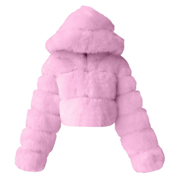 Baberdicy Womens Winter Coats Women Short Faux Hooded Warm Furry Splicing Jacket Long Sleeve Outerwear Womens Winter Coats Pink