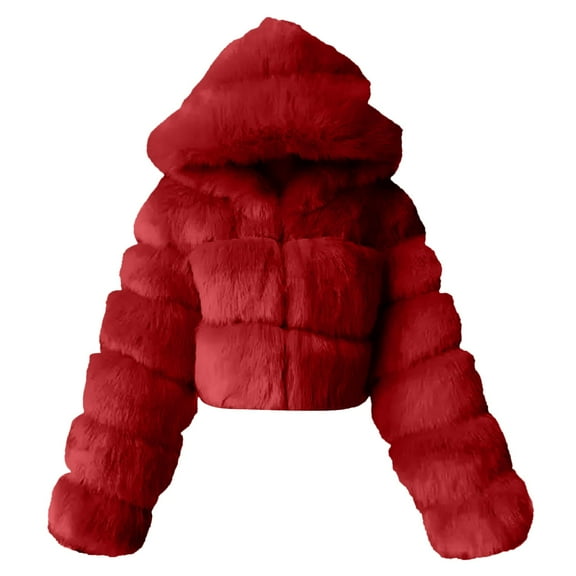 Baberdicy Womens Winter Coats Women Short Faux Hooded Warm Furry Splicing Jacket Long Sleeve Outerwear Womens Winter Coats Wine