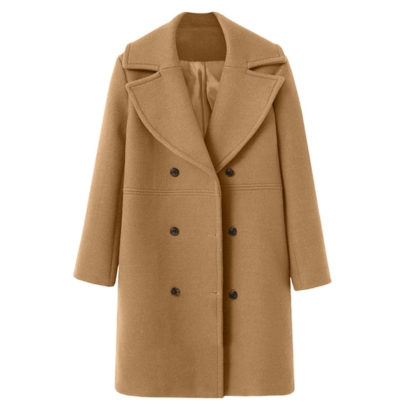 Baberdicy Womens Winter Coats Women Winter Wool Blend Mid Long Coat Notch Double Breasted Lapel Jacket Outwear Trenchcoat Women's Khaki