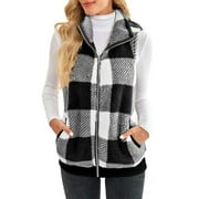 Baberdicy Womens Winter Coats Womens Jacket Sleeveless Lightweight Plaid Vest Cozy Cardigan Zipper Warm Outwear with Pocket Womens Winter Coats Black