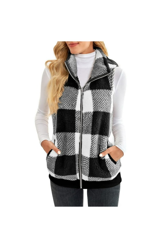 Womens Winter Coats Womens Jacket Sleeveless Lightweight Plaid Vest Cozy Cardigan Zipper Warm Outwear with Pocket Womens Winter Coats Black