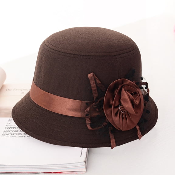 Baberdicy Wool Felt Fedora, Women's Solid Color Woolen Cloche Hat, Vintage Wide Brim Bowler Hat with Flower Decoration, Elegant British Retro Style for Fall, Winter And Formal Occasions Brown