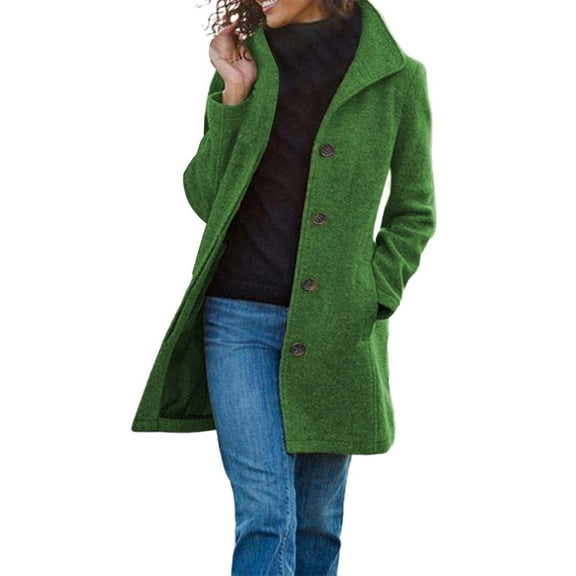 Baberdicy Woolen Coat Women's Solid Color Vintage Mid Length Button Wool Jacket Coat Women's Wool & Blends Green