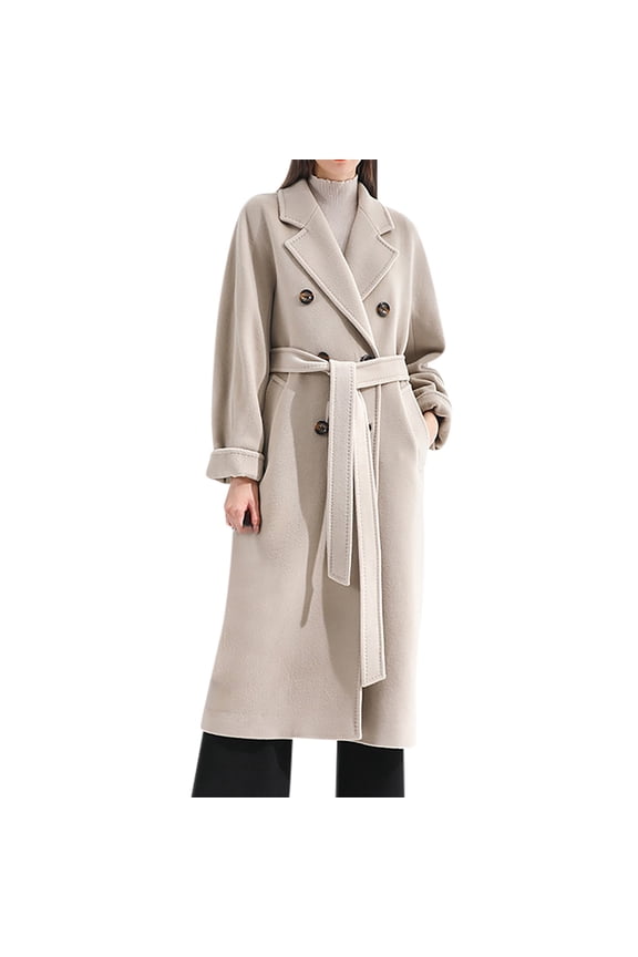 Woolen Coat Womens Fit Mid Long Double Breasted Coat Lapel Jacket Overcoat Outwear Trench Windbreaker Women's Wool & Blends Beige
