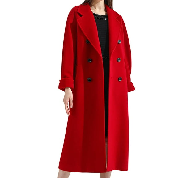 Baberdicy Woolen Coat Womens Fit Mid Long Double Breasted Coat Lapel Jacket Overcoat Outwear Trench Windbreaker Women's Wool & Blends Red