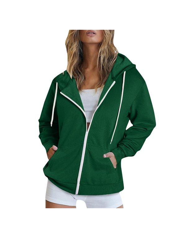 Zip up Hoodie Women Womens Casual Solid Long Sleeve Zipper Hooded Coat Pocket Sweatshirt Tops Essentials Hoodie Green