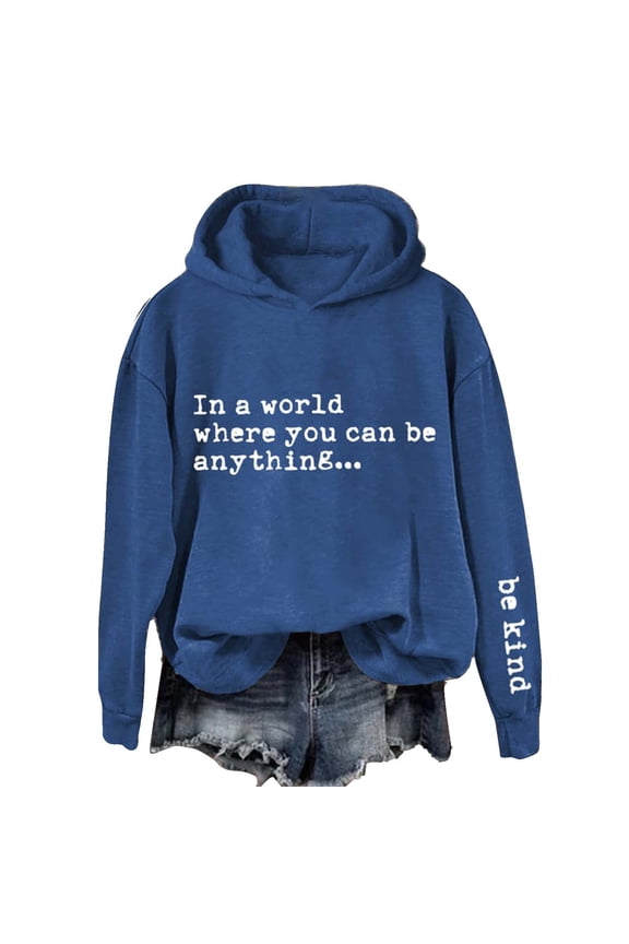 on Sale Women's Oversized Hoodie Slogan Letter Graphic Long Sleeve Sweatshirt Aesthetic Pullover with Pockets Blue Xl