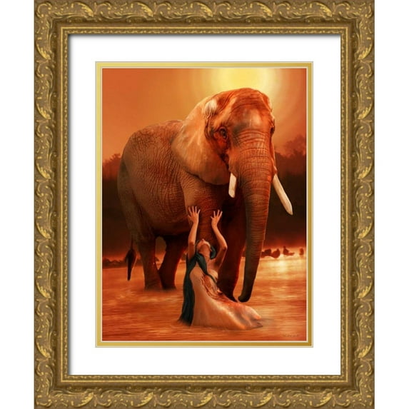 Babette 12x14 Gold Ornate Wood Framed with Double Matting Museum Art Print Titled - Elephant Ritual