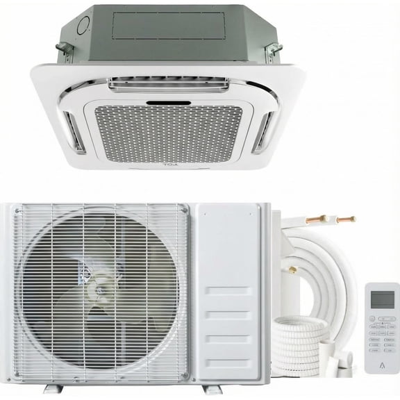 Babevy 18000 BTU Ceiling Cassette Mini Split AC & Heat Pump – 360° 8-Way Airflow, Ductless, R454B, Energy Efficient, 208/230V with 25ft Kit & Remote
