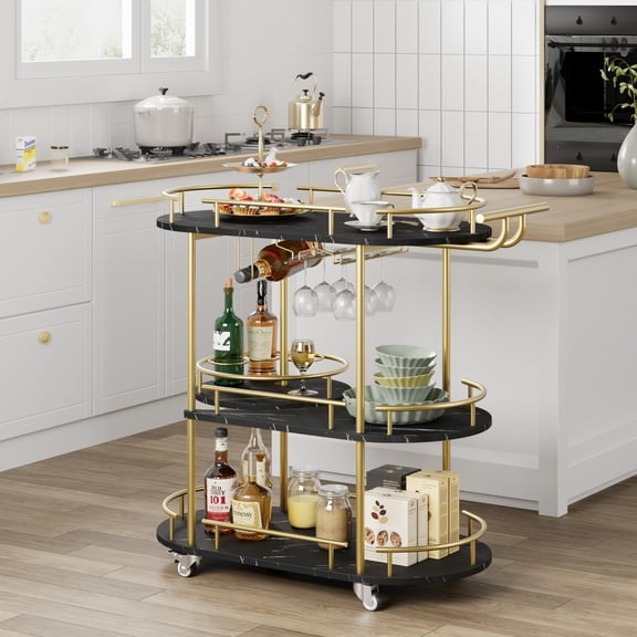 Babevy 3 Tier Bar Serving Cart,Wine Rack,Storage Shelves , Glass Holder for Kitchen, Living Room, Dining Room