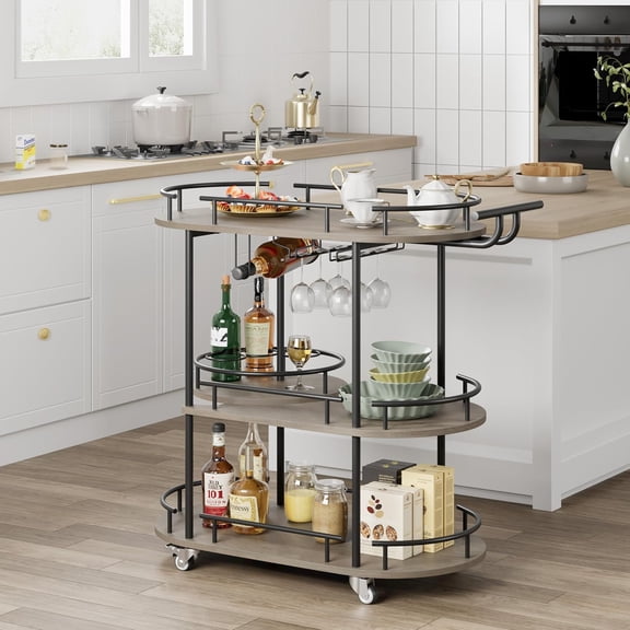 Babevy 3 Tier Bar Serving Cart,Wine Rack,Storage Shelves , Glass Holder for Kitchen, Living Room, Dining Room