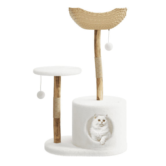 Babevy 46" Wood Cat Tree Tower, Luxury Multi-Level Cat Condo with Wicker Basket for Large Indoor Cats