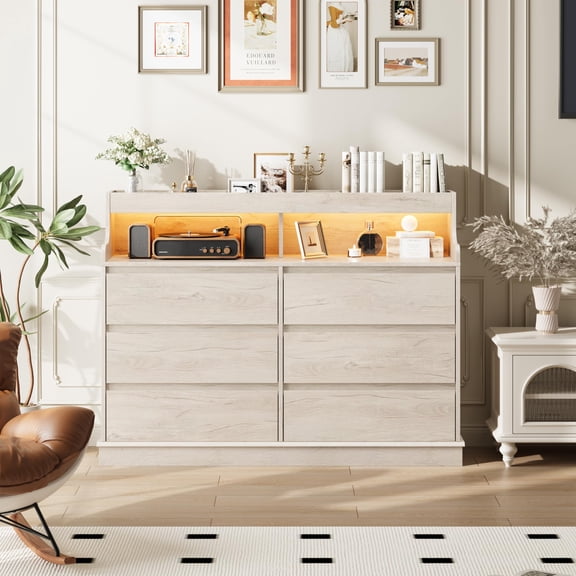 Babevy 6 Drawers Dresser, Modern Tall Dresser with Adjustable LED Lights, High Gloss Chests for Bedroom, Entryway, Living Room, Dressing Room