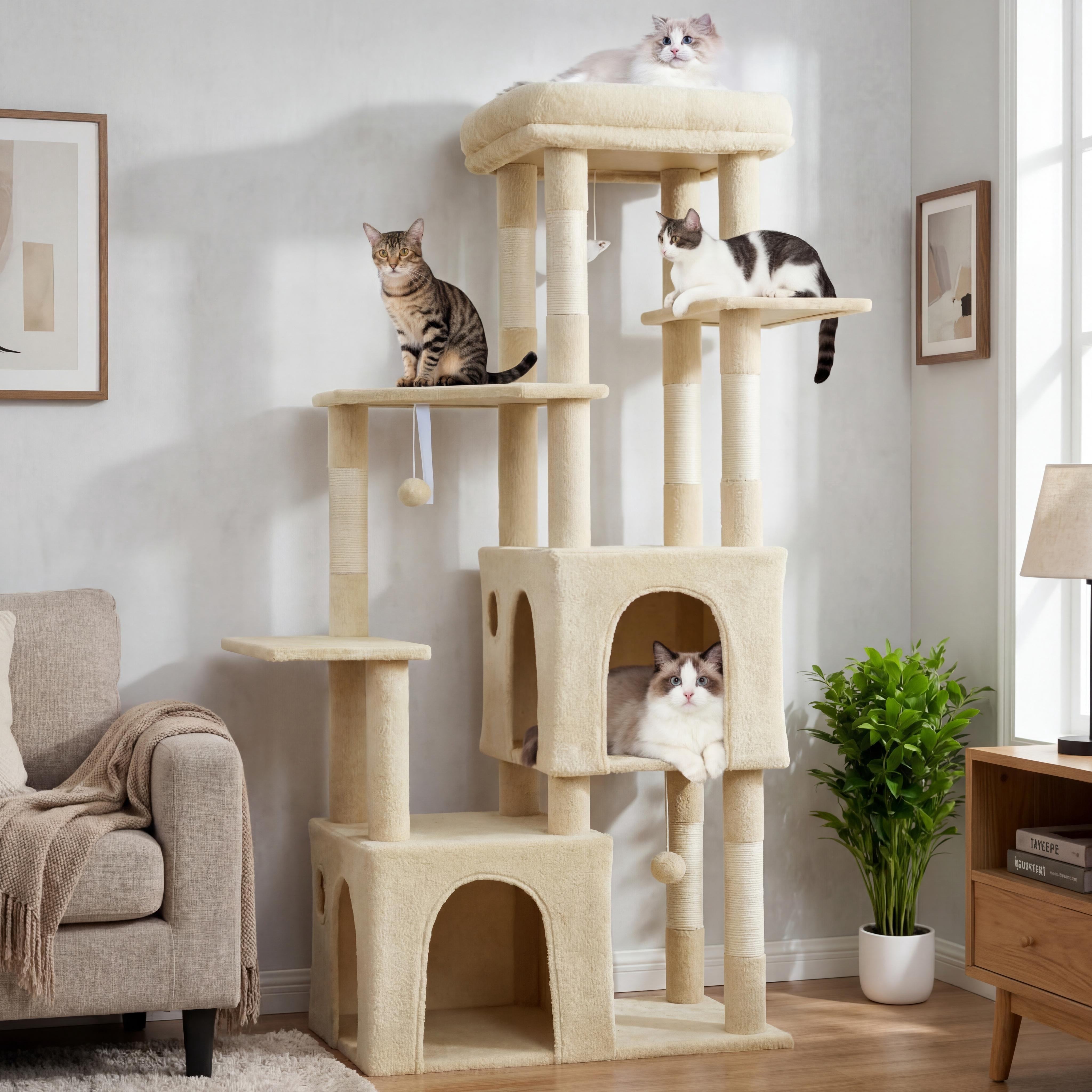 Babevy 61" Maine Coon Cat Tree, Heavy-Duty Tower with Extra-Large Perch, 2 Condos & 7 Sisal Scratching Posts for Large Indoor Cats