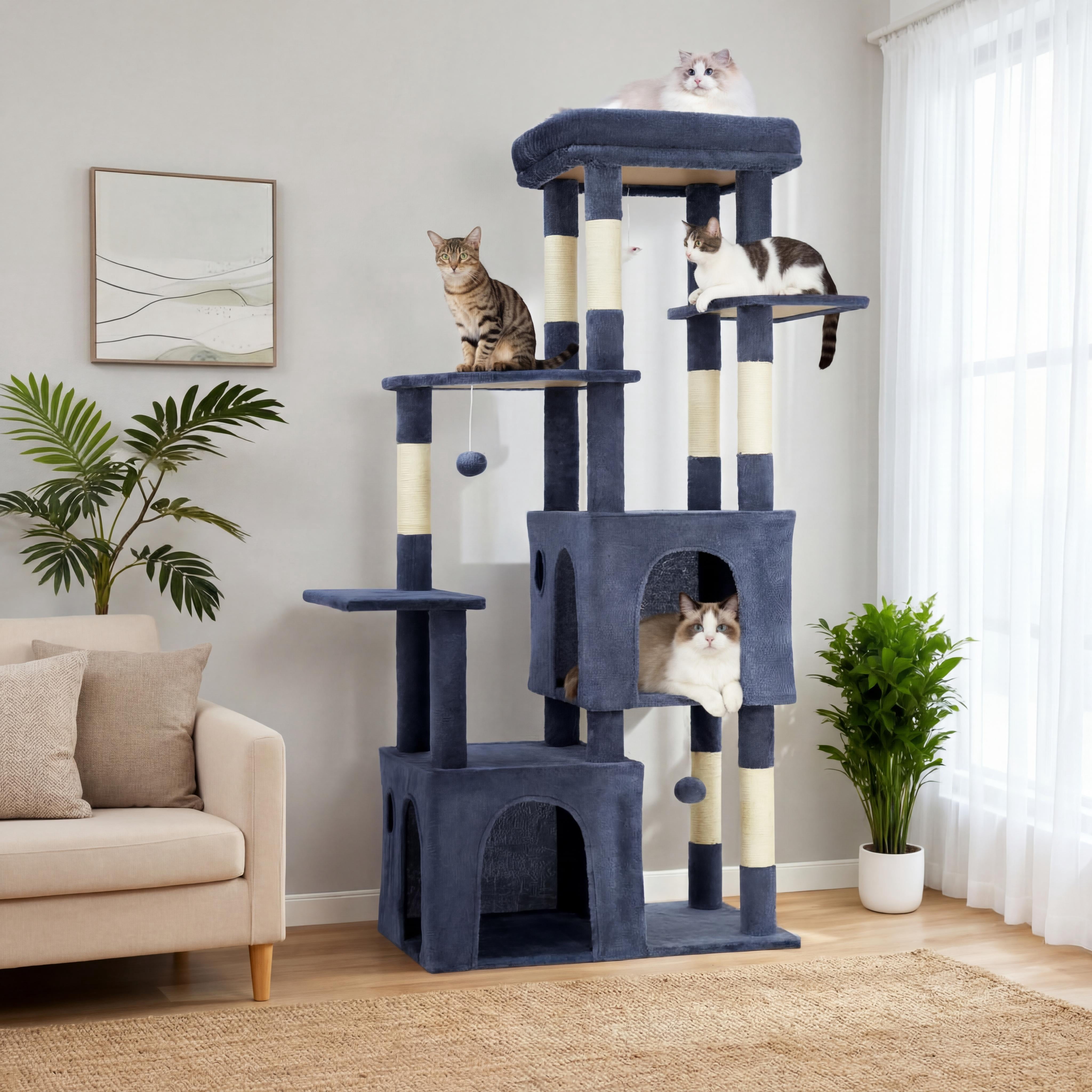 Babevy 61" Maine Coon Cat Tree, Heavy-Duty Tower with Extra-Large Perch, 2 Condos & 7 Sisal Scratching Posts for Large Indoor Cats