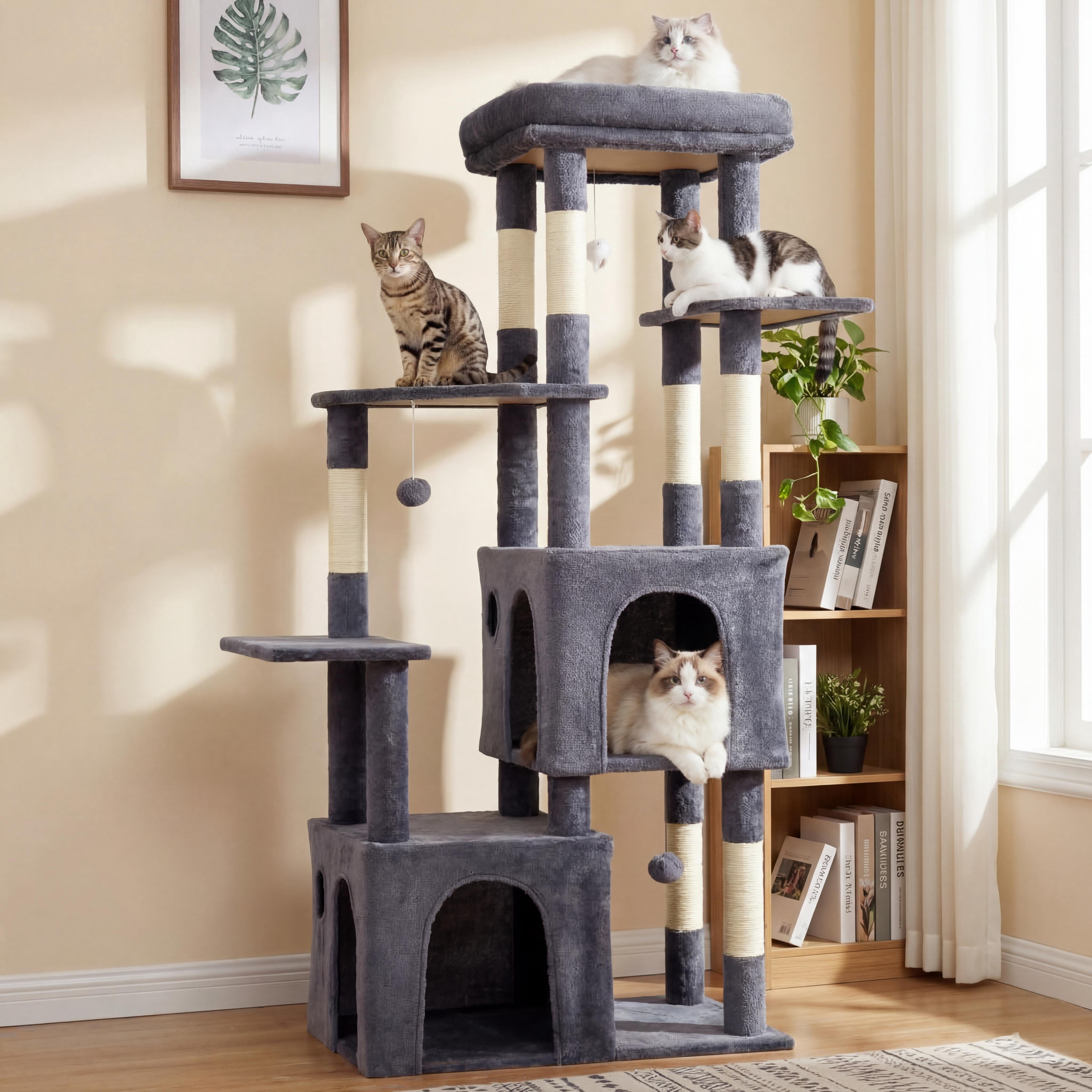 Babevy 61" Maine Coon Cat Tree, Heavy-Duty Tower with Extra-Large Perch, 2 Condos & 7 Sisal Scratching Posts for Large Indoor Cats