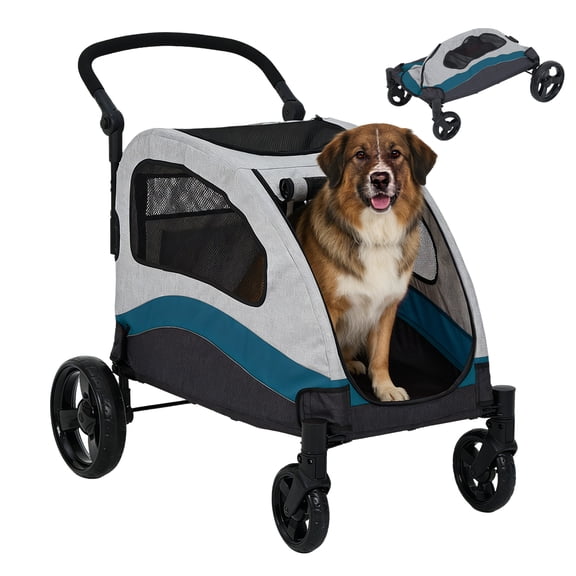 Babevy Extra Large Foldable Dog Stroller, Steel Pipe Dog Cart with Brakes, Shock Absorption & Adjustable Removable Handle for Large Pets