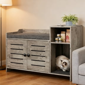 Babevy Large Hidden Cat Litter Box Cabinet, Double Door Enclosure Furniture with Storage Shelf, Side Table & Anti-Tracking Mat