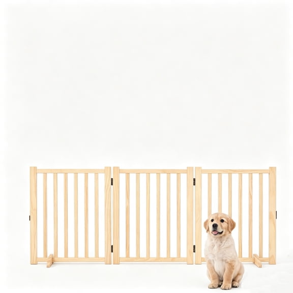 Babevy Wooden Freestanding Dog Gate, Indoor Wood Pet Fence Collapsible for House Doorways Stairs Step Over