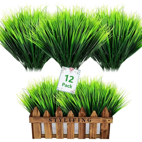 Babibeauty 12 PCS Artificial Grasses Outdoor UV Resistant Fake Grass No Fade Faux Plastic Plants Garden Window Box Decor