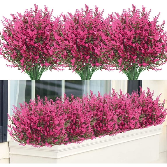 Babibeauty 24 Bundles Artificial Lavender Flowers Outdoor Fake Flowers for Decoration UV Resistant No Fade Faux Plastic Plants Garden Porch Window Box Décor (Rose red)