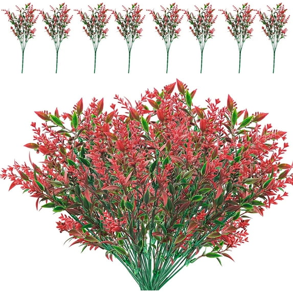Babibeauty 8 Bundles Artificial Lavender Flowers Outdoor Fake Flowers for Decoration UV Resistant Hanging Planter Flora Fence Indoor Outside Decor Wedding Table Flowers,Big Red