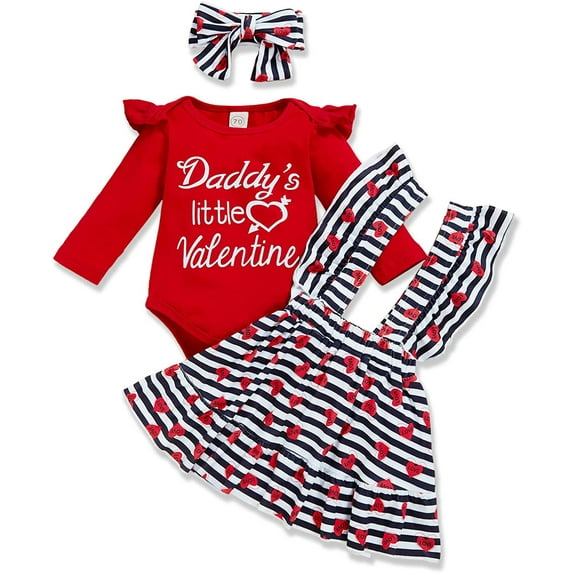 Babibeauty Baby Girl Valentine's Day Outfits Infant Ruffle Long Sleeve T-Shirt+Striped Print Suspender Skirt+Headband 3pcs Set (0-3M)