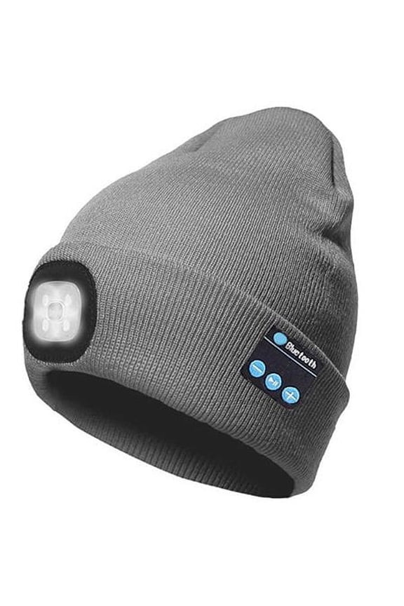 Bluetooth Beanie Hat with Light, Unisex USB Rechargeable 4 LED Headlamp Cap with Headphones, Built-in Stereo Speakers & Mic Winter Knitted Lighted Music Hat (Hemp Grey)