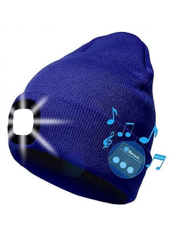 Bluetooth Beanie Hat with Light, Unisex USB Rechargeable 4 LED Headlamp Cap with Headphones, Built-in Stereo Speakers & Mic Winter Knitted Lighted Music Hat (Royal Blue)