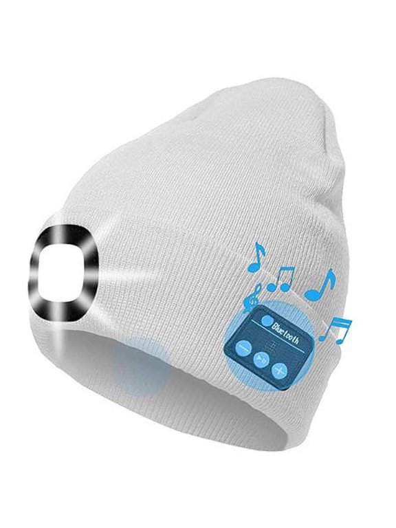 Bluetooth Beanie Hat with Light, Unisex USB Rechargeable 4 LED Headlamp Cap with Headphones, Built-in Stereo Speakers & Mic Winter Knitted Lighted Music Hat (White)