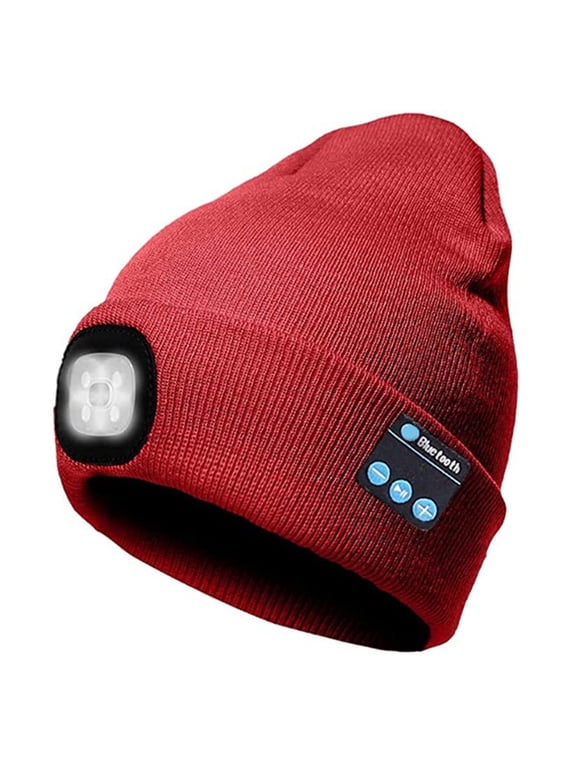 Bluetooth Beanie Hat with Light, Unisex USB Rechargeable 4 LED Headlamp Cap with Headphones, Built-in Stereo Speakers & Mic Winter Knitted Lighted Music Hat (Red)