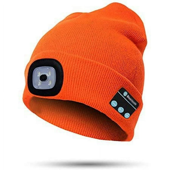 Babibeauty Bluetooth Beanie Hat with Light, Unisex USB Rechargeable 4 LED Headlamp Cap with Headphones, Built-in Stereo Speakers & Mic Winter Knitted Lighted Music Hat (Orange)