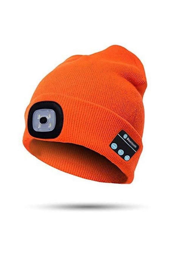 Bluetooth Beanie Hat with Light, Unisex USB Rechargeable 4 LED Headlamp Cap with Headphones, Built-in Stereo Speakers & Mic Winter Knitted Lighted Music Hat (Orange)