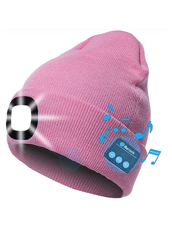 Bluetooth Beanie Hat with Light, Unisex USB Rechargeable LED Headlamp Cap with Headphones, Built-in Speakers & Mic Winter Knitted Night Lighted Music Hat, for Christmas Gifts (Pink)