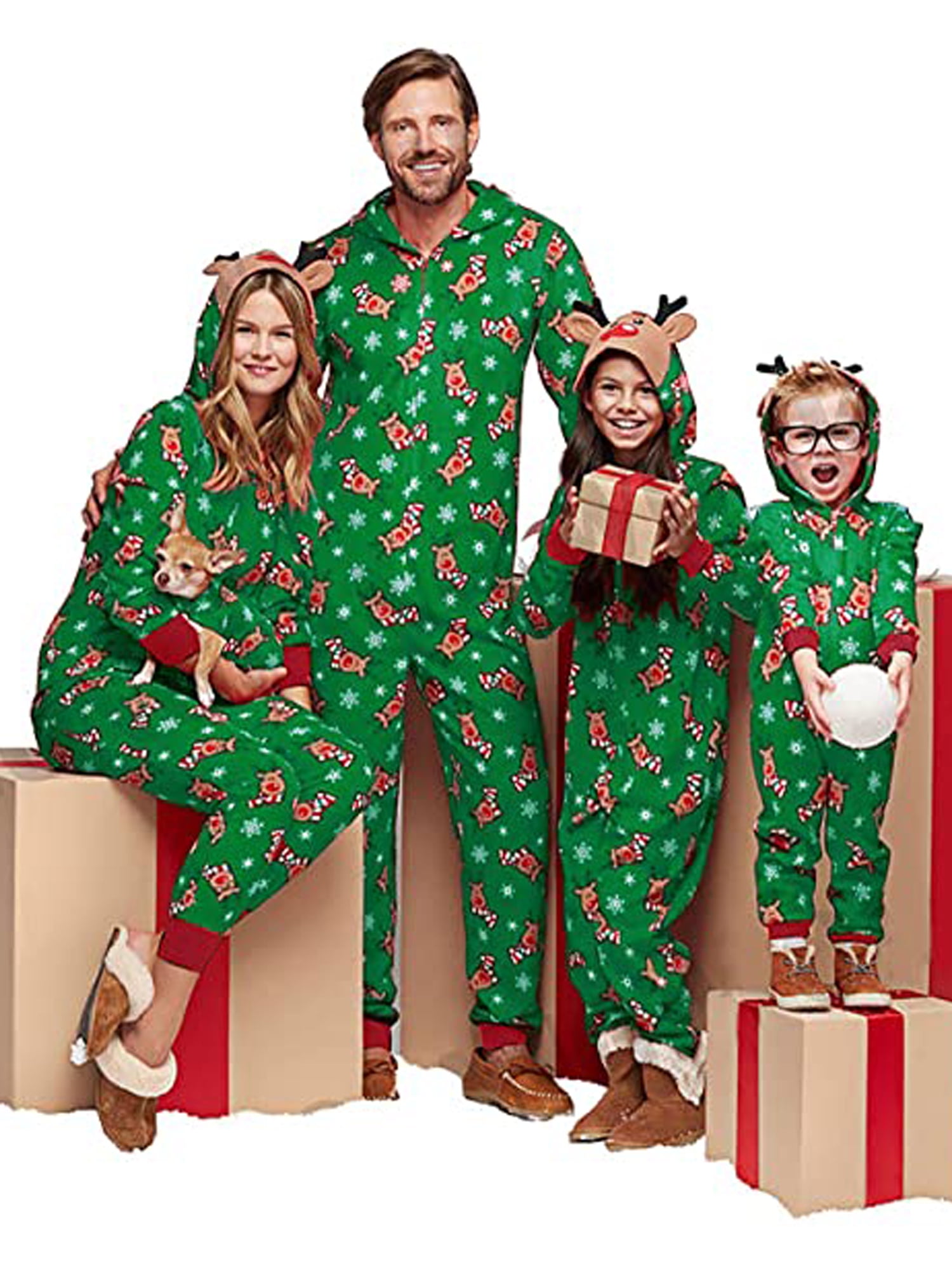 Babibeauty Christmas Family Matching Hoodie Pajamas Reindeer Romper Long Sleeve One Piece Jumpsuit Zipper Pjs for Adult Kids Baby
