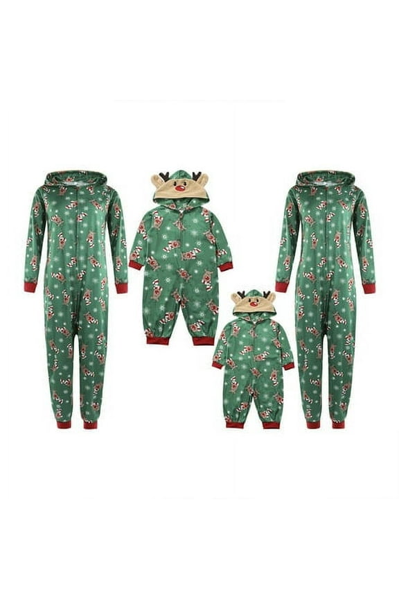 Christmas Family Matching Hoodie Pajamas Reindeer Romper Long Sleeve One Piece Jumpsuit Zipper Pjs for Adult Kids Baby