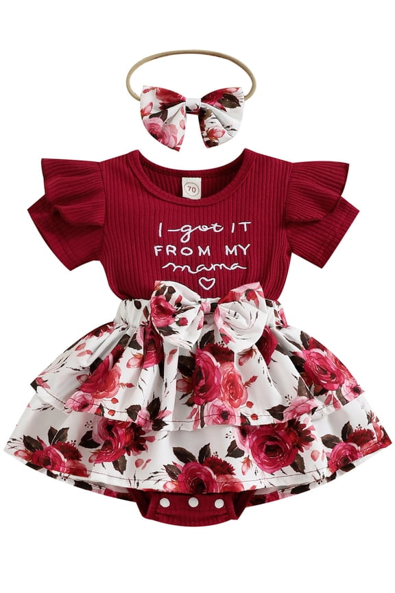 Infant Newborn Baby Girl Outfits "I got it from my mama" Letter Print Romper Tops + Floral Skirts + Headband 3PCS Clothes Set
