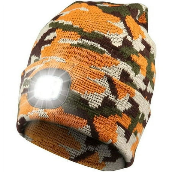 Babibeauty LED Beanie Hat with Light Headlamp Rechargeable Flashlights LED Hat Cap Running Light Christmas Gifts for Men Father Boyfriend Him Fishing Winter Hat Unique Gifts for Dad(Camo Orange)