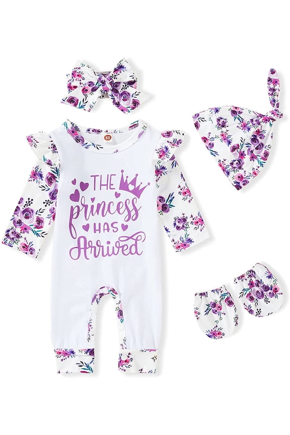 Newborn Baby Girl Romper Infant Letter Print Bodysuit Jumpsuit+Hat+Headband Coming Home Clothes Outfit (Purple,Newborn)